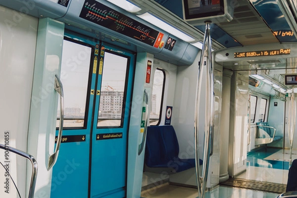 Fototapeta Dubai, UAE - October 6, 2020: RTA Dubai public metro interior of train with empty seats and navigation
