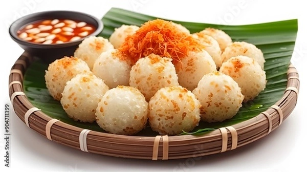 Fototapeta typical Indonesian food onde onde with toppings on a bamboo plate and banana leaves on a white background