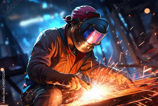 Fototapeta Intense Welder at Work in Industrial Setting