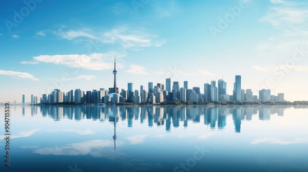 Fototapeta Serene City Skyline with Clear Reflections