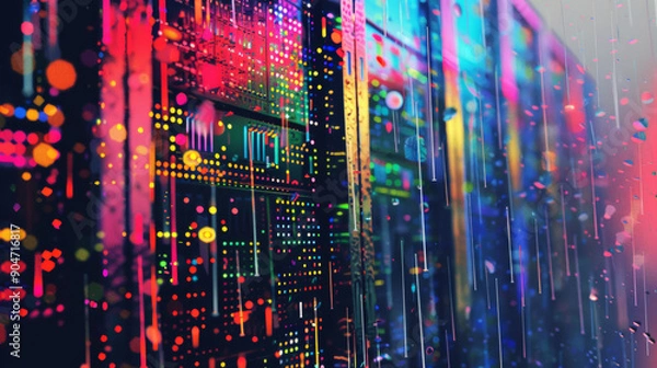 Fototapeta 3D computer server rack and engine room in holographic vibrant color neon lights pointilist style with futuristic rainbow colors background