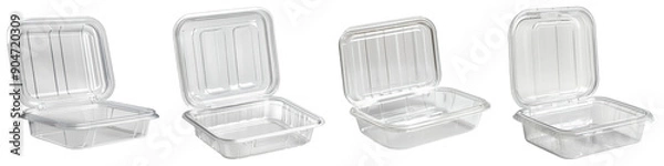 Obraz Collection of Plastic Clamshell Food Container With Hinged Lid On Transparent Png Background For Takeout Packaging Mockup . Generative ai