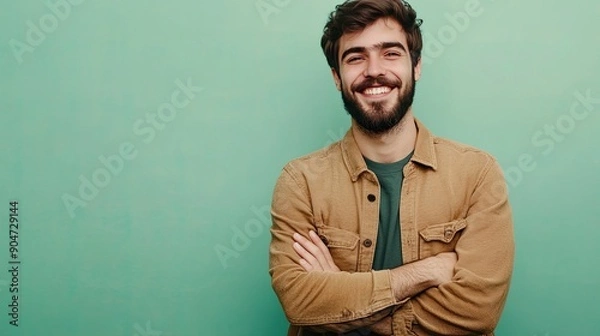 Fototapeta Bearded young man smiling confidently with arms crossed, standing against a soft pastel green background. Waist-up portrait, minimal style.