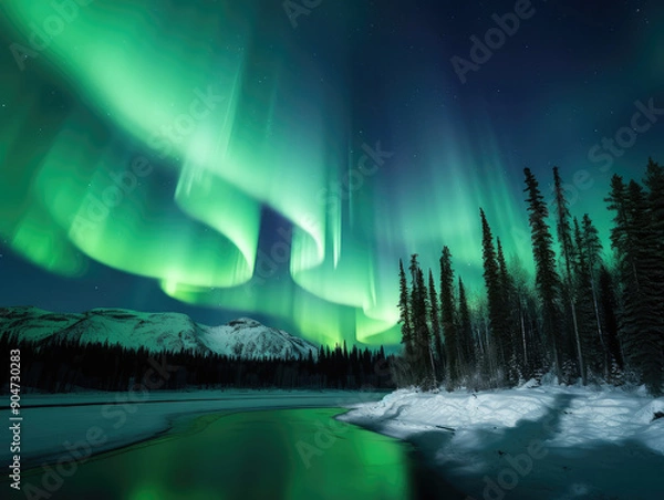 Fototapeta Spectacular Aurora Borealis Display in Winter Forest