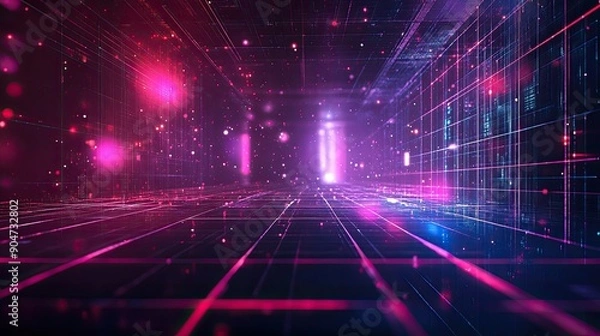 Fototapeta High-tech 3D abstract copy space in the night concept, featuring digital grids and neon elements. Perfect for futuristic designs.