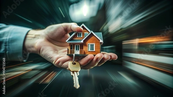 Fototapeta House in Hands with Key in Background: Symbol of Homeownership and Security