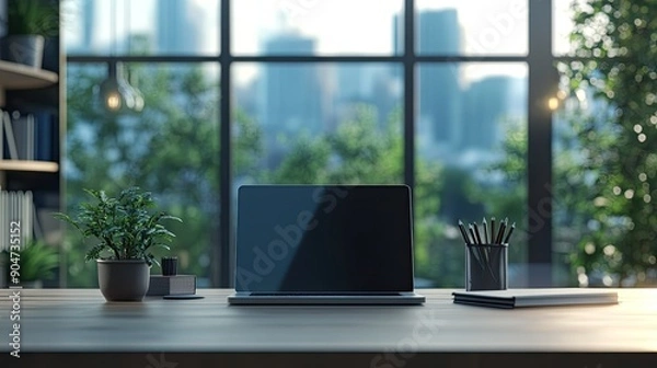 Fototapeta Workspace scene with a notebook laptop and stationery, featuring copy space. Blurred office or library backdrop adds depth.