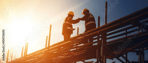 Fototapeta Construction Workers Handshaking on Site at Sunset