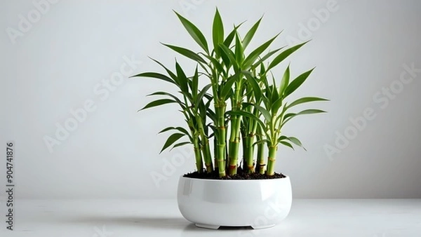Obraz A potted lucky bamboo plant with green leaves and a white pot against a white background.