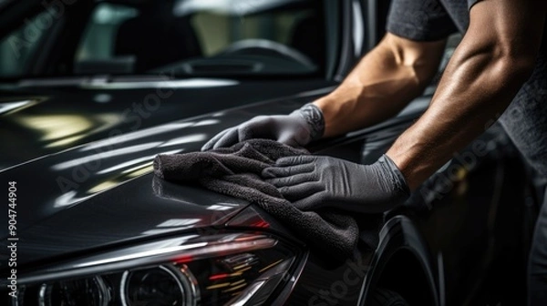 Obraz Detailing a black car with a microfiber cloth