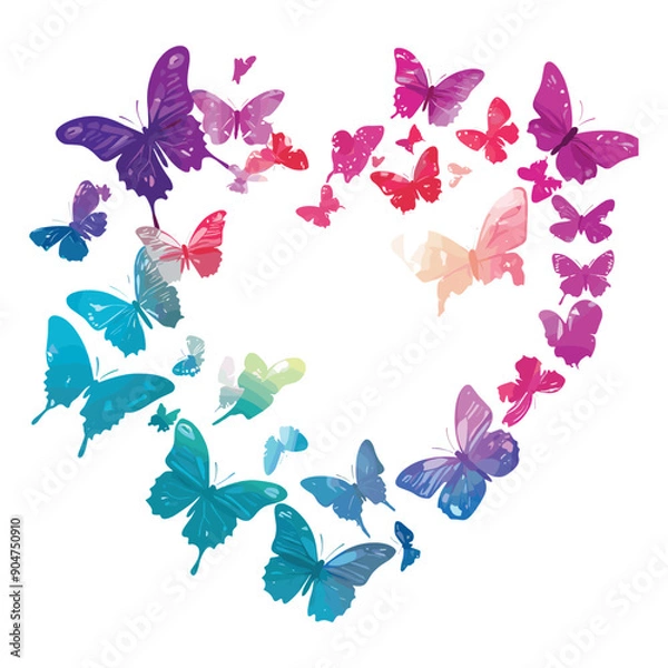 Fototapeta Colorful butterflies arranged in a heart shape, isolated on white background.