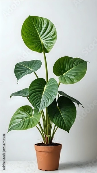 Obraz Lush green tropical houseplant in a white pot on a white table against a white backdrop.