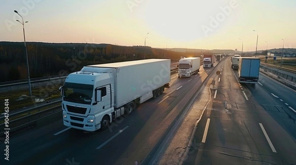 Obraz Semi Trucks on Highway at Sunset