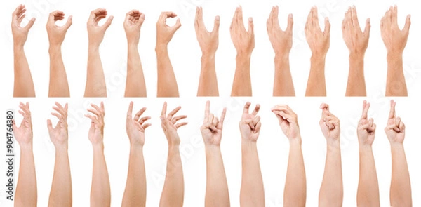 Fototapeta GROUP of Male asian hand gestures isolated over the white background. Grab action. Touching action. CROSS FINGER POSE.
