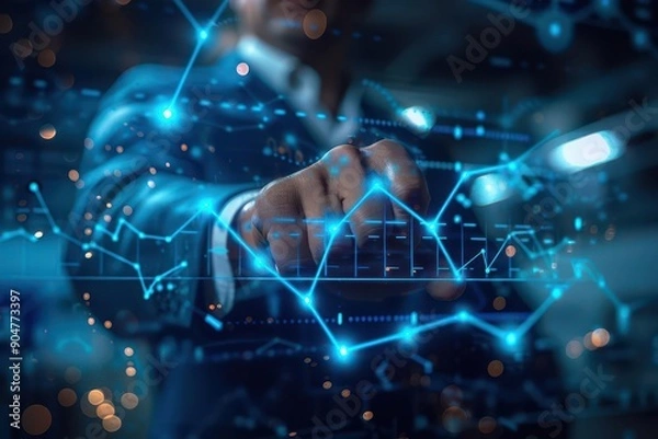 Fototapeta A professional analyzing digital data trends with futuristic visualizations, emphasizing technology and innovation.