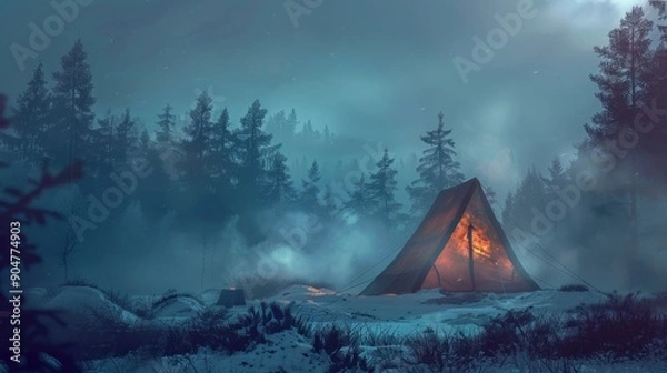 Fototapeta 22. Winter Tent, realistic style, muted tones, abstract shapes, high angle, bright light, smoke,