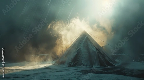 Fototapeta 22. Winter Tent, realistic style, muted tones, abstract shapes, high angle, bright light, smoke,