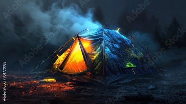 Fototapeta 37. Waterproof Tent, realistic style, bold colors, metallic pattern, eye level, bright light, smoke,