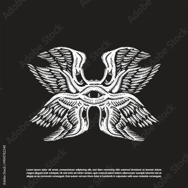 Obraz Vintage hand drawn sketch art seraphim biblical angel isolated on black background