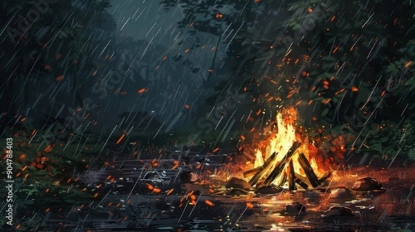 Fototapeta 43. Campfire in Rain, realistic style, bold colors, metallic pattern, over-the-shoulder, natural light, sparks,