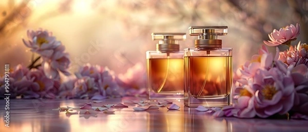 Fototapeta Luxurious perfume bottles with flowers in soft warm lighting