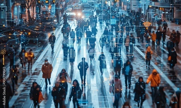 Fototapeta Elevated Security Camera Surveillance Footage of a Crowd of People Walking on Busy Urban City Streets. CCTV AI Facial Recognition Big Data Analysis Interface Scanning, Showing Personal, Generative AI 