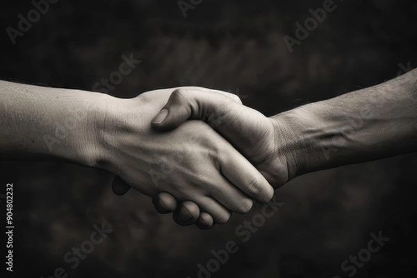 Obraz A black and white photo capturing two people engaging in a handshake gesture, symbolizing agreement, partnership, and trust, Expressing the deep connection and commitment of a partnership