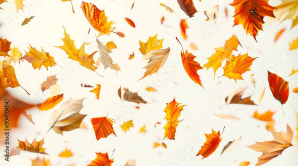 Fototapeta The feeling of autumn. Beautiful autumn backdrop. A lot of maple orange leaves are swirling in the air. The leaves are scattered in different directions, creating a sense of movement