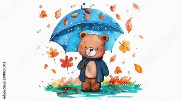 Fototapeta A cute bear holds an umbrella amid colorful autumn leaves, creating a whimsical scene in vibrant watercolor style.