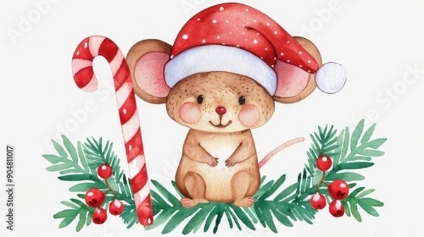 Fototapeta Delightful watercolor scene featuring a mouse in a festive hat, holding a peppermint cane for a charming Christmas vibe