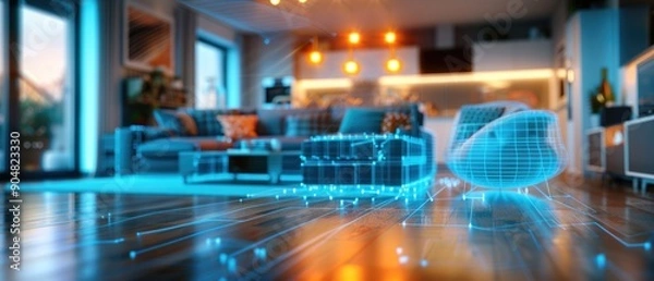 Fototapeta Turquoise wireframe digital glowing background, symbolizing smart homes close up, home automation, surreal, fusion, modern living room