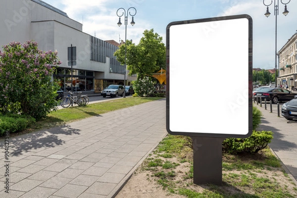 Fototapeta Blank Outdoor Billboard Mockup In City Alley. An Empty Poster Stand Illuminated By The Sun