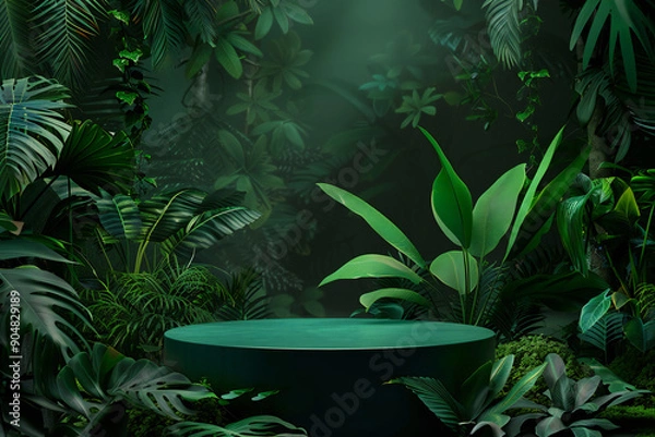 Fototapeta Lush vegetation jungle background with green pedestal and tropical leaves in botanical scene