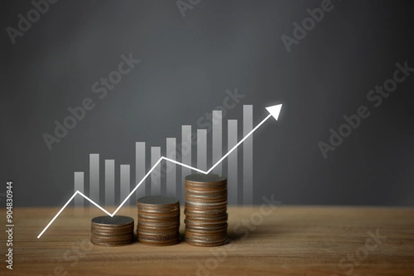 Fototapeta Stack of money with up arrow and percentage symbol in view of business growth is used by financial banks to increase interest rates or mortgages to invest dividends.