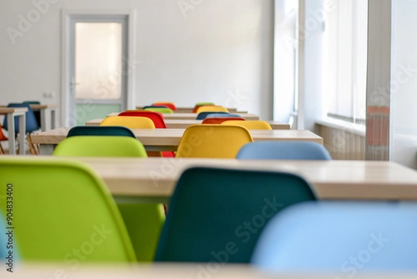 Fototapeta Empty school dining room or cafe with colorful chairs. Selective focus.