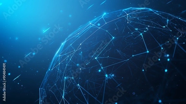 Obraz Abstract digital globe with glowing lines and points on dark blue background.