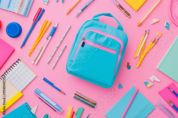Fototapeta Back to school concept with colorful stationery and backpack on a pink background, laid flat. A top view of books, pens, pencils, markers and other school supplies in an open blue bag isolated on a pa