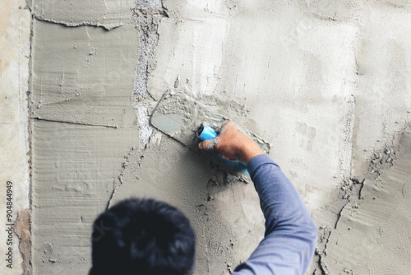 Fototapeta Concrete plasterers to create industrial workers background walls with plastering tools.