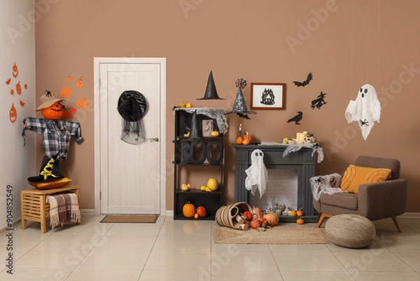 Fototapeta Interior of living room decorated for Halloween with door and mantelpiece