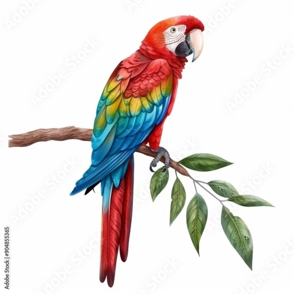 Fototapeta parrot with vibrant, colorful feathers rendered in watercolor style. Isolated on a white background
