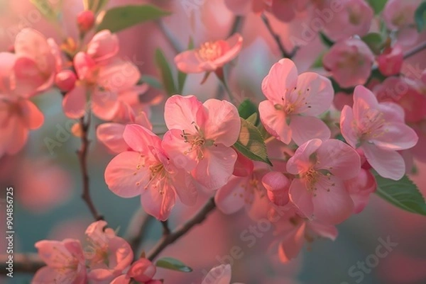 Fototapeta A detailed view of fully bloomed pink blossoms on a tree branch, Flowers in full bloom, filling the air with their sweet scent