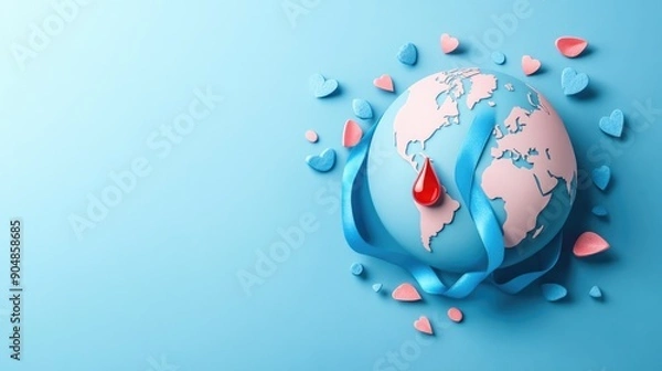 Fototapeta Concept of World Diabetes Day , a blue ribbon is in the middle of the world , Colorful candies around the world , Generative AI