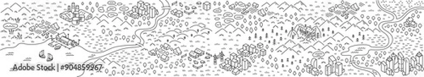 Obraz Drawn with a contour line isometry map landscape. Vector editable outline stroke. Horizontal banner.