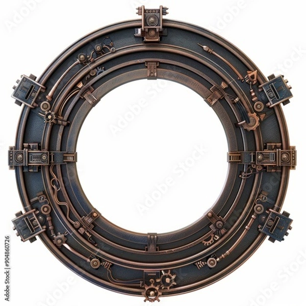 Fototapeta 3D Render, Low Poly style of a steampunk mechanical frame, on isolated white background, Generative AI