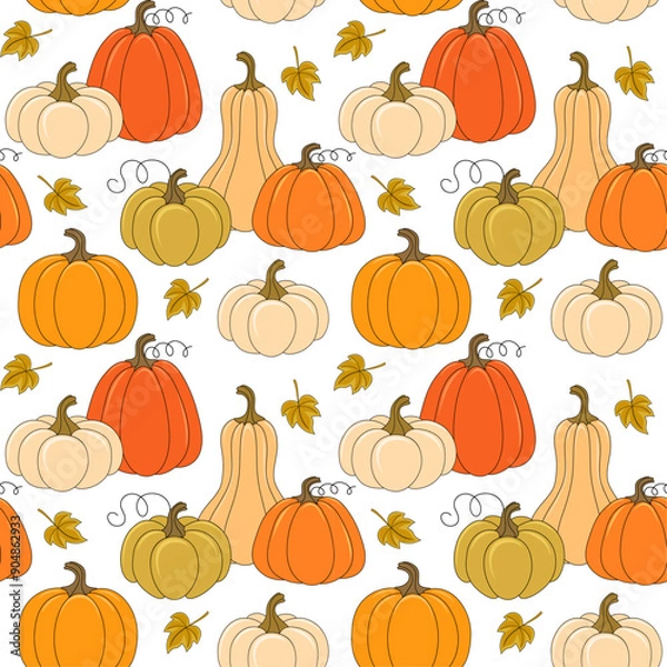 Fototapeta Seamless vector pattern of autumn ripe pumpkins and fall leaves on white background, design for textile print, wallpaper, packaging. 