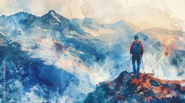 Fototapeta 15. Mountain Hiking, movie style, bold colors, watercolor pattern, high angle, bright light, smoke, reflections,