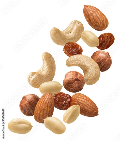 Obraz Almond, hazelnut, peanut, cashew nut and raisins flying isolated on white background. Vertical layout