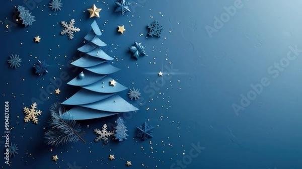 Obraz minimalistic, elegant Christmas background, cut-out chirstmas tree on blue background with stars