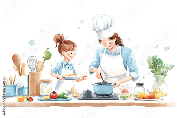 Fototapeta Watercolor illustration of a mother and daughter cooking together in the kitchen, emphasizing family bonding, cooking, and togetherness.