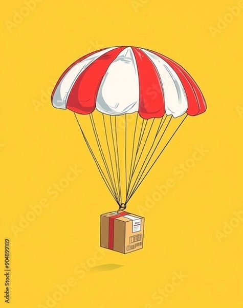 Fototapeta A isometric package being lowered down in the style of parachute, simple vector style, bright yellow background, red and white striped parachute, cardboard box with label on it, cartoonish style,